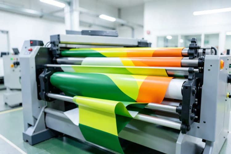 Impressão de folhetos coloridos em alta velocidade numa máquina offset.