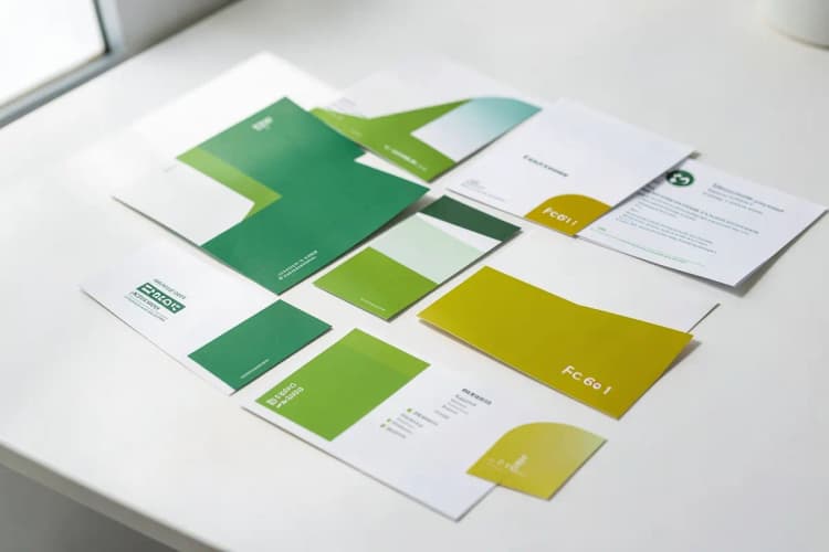 Mesa de escritório com materiais gráficos impressos em offset, como cartões de visita e panfletos.