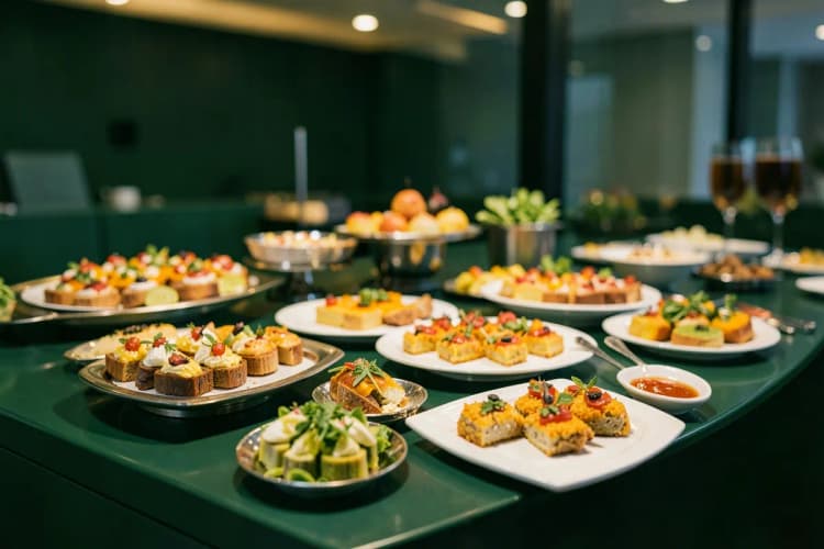 Pratos com variedade de salgados e doces dispostos em uma mesa de buffet.
