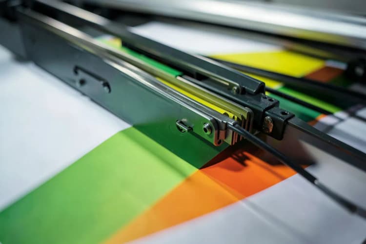 Impressora gráfica produzindo material promocional colorido.