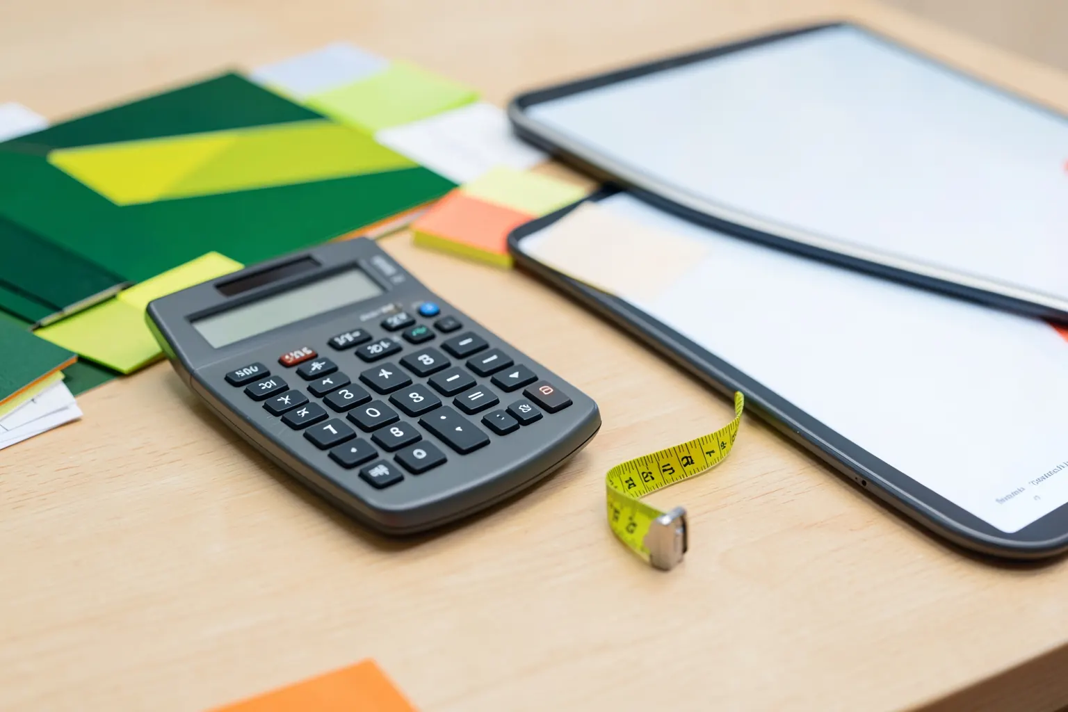 Título do artigo sobre cálculo de materiais para eventos com ícones de calculadora e fita métrica.