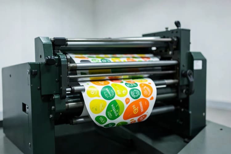 Uma impressora gráfica industrial imprimindo um padrão de adesivos coloridos em uma folha de material adesivo.