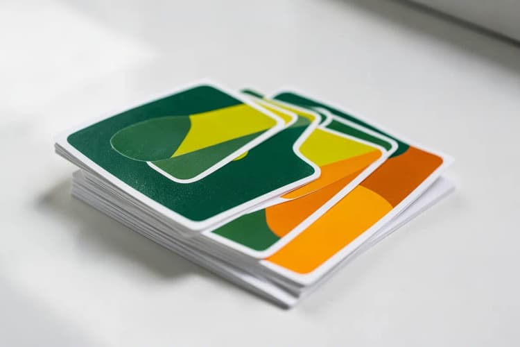 Uma pilha de adesivos personalizados com diferentes designs e tamanhos, mostrando a variedade de produtos impressos.