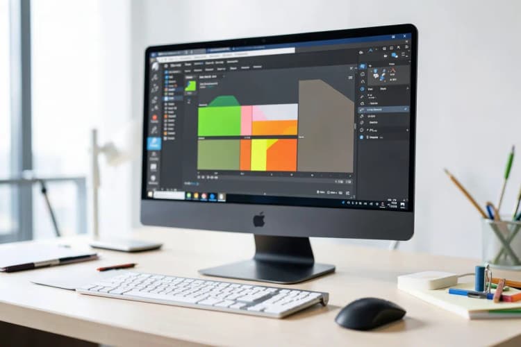 Um conjunto de ferramentas de design gráfico, como um computador com software de design e amostras de cores, para criar adesivos.