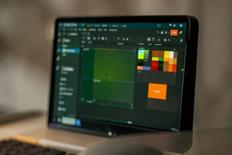 Tela de computador exibindo software de design gráfico com ferramentas e paleta de cores.