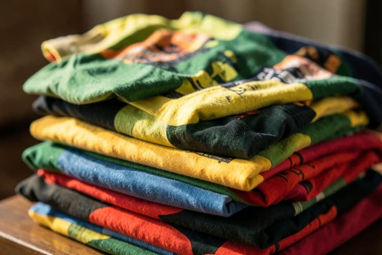 Pilha de camisetas coloridas dobradas, cada uma com um design diferente.