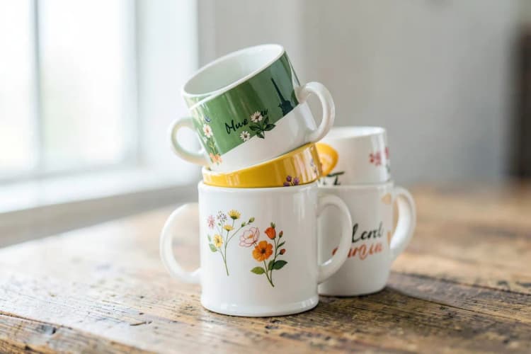 Conjunto de canecas brancas empilhadas, algumas com estampas variadas como flores e frases motivacionais, em plano médio sobre mesa de madeira rústica.