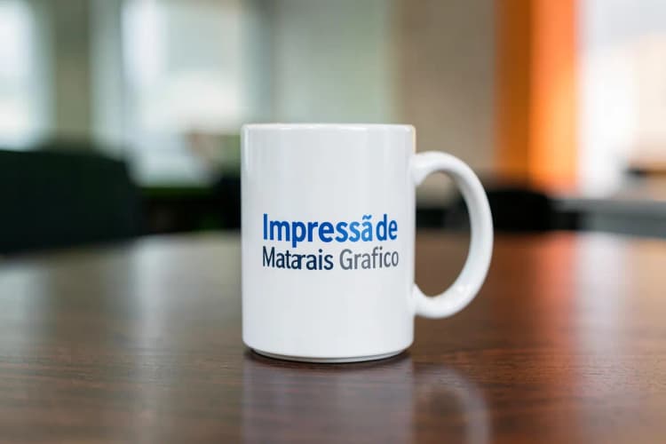 Caneca branca com a logo da Impressão de Materiais Gráficos em tons de azul e cinza, em close-up, sobre uma mesa de escritório.