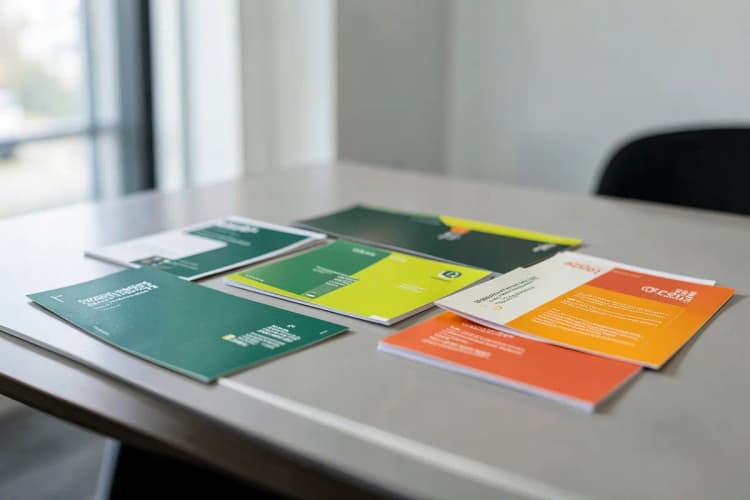 Variedade de materiais impressos como cartões de visita, flyers e banners em uma mesa de escritório.