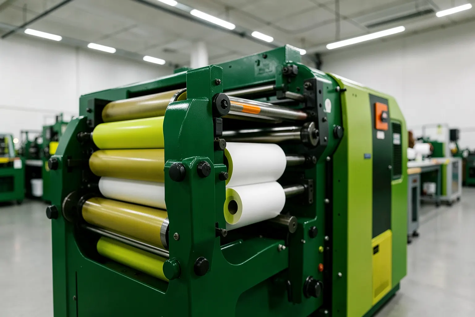Uma impressora industrial em funcionamento, com foco em rolos de papel e tinta, em uma fábrica moderna.
