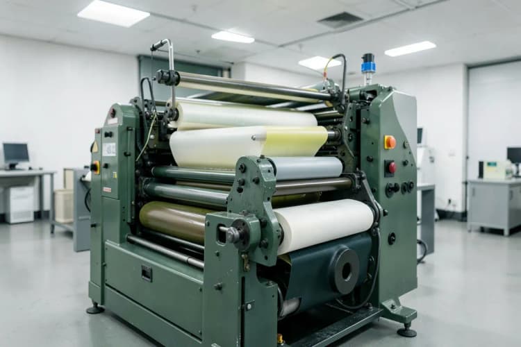 Impressora industrial em funcionamento, com rolos de papel e tinta visíveis, produzindo impressões em alta velocidade.