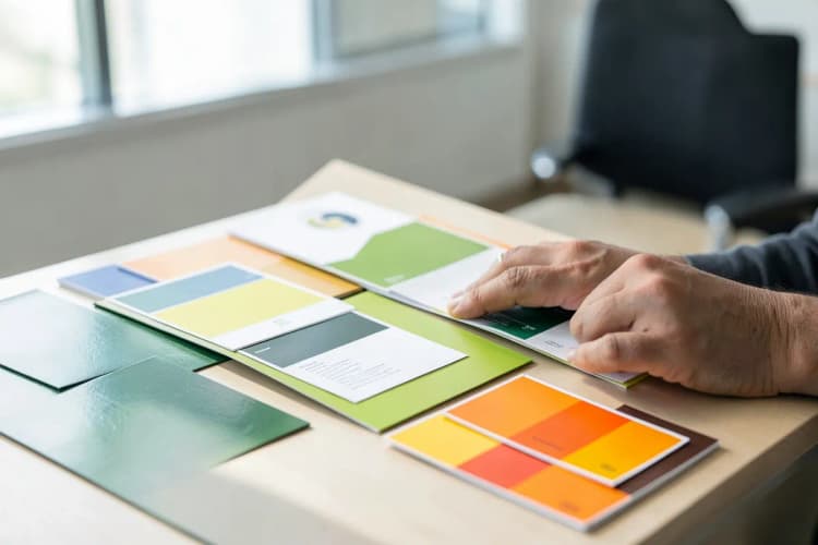 Pessoa analisando amostras de papel e impressos coloridos em uma mesa de escritório com amostras de cores ao lado.