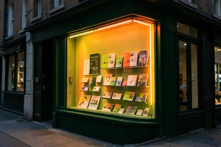 Fachada de uma gráfica tradicional com letreiro de neon e vitrine exibindo diversos materiais impressos.
