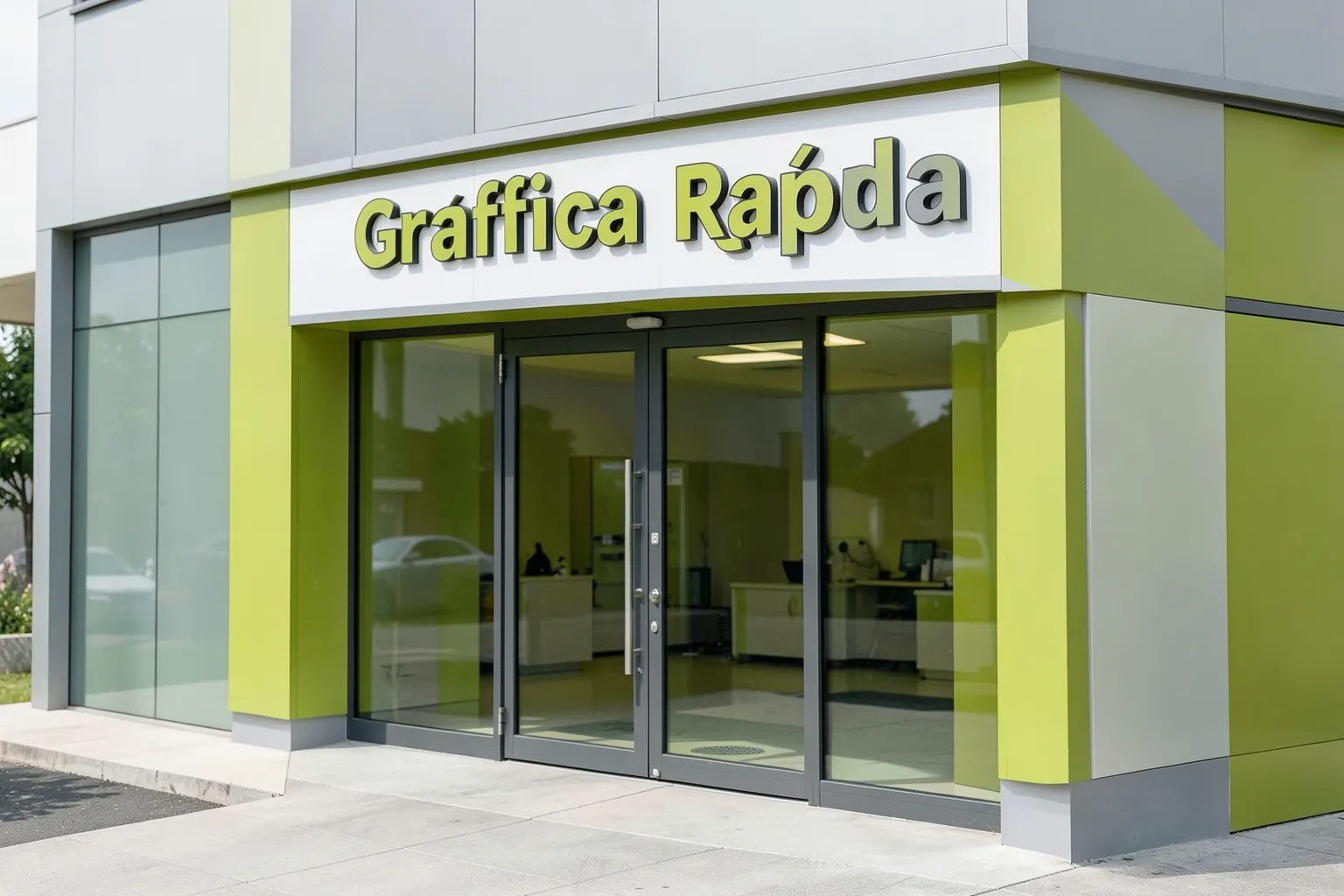 Fachada de uma gráfica moderna com o nome "Gráfica Rápida" em destaque, com portas de vidro e iluminação externa suave.