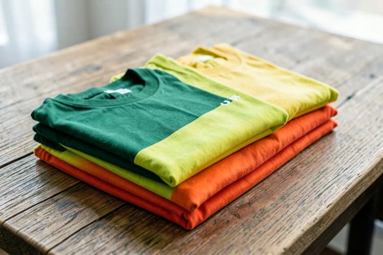 Grupo de camisetas promocionais coloridas dobradas em pilha sobre uma mesa de madeira rústica.