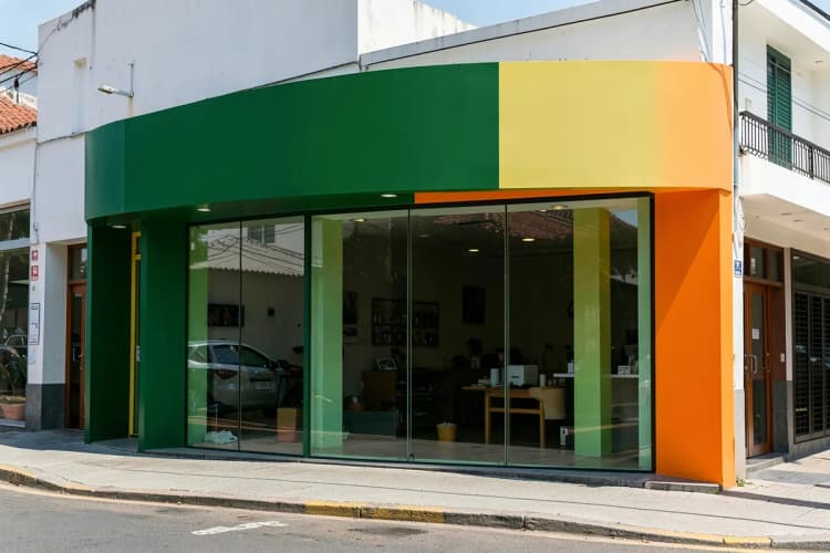 Fachada de loja de impressão gráfica com fachada de vidro e letreiro em Recife, com palmeiras ao lado.