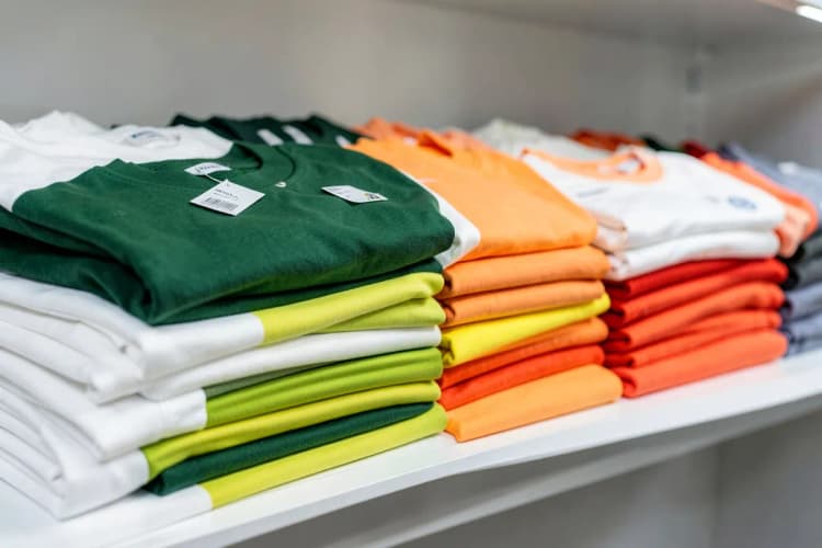 Pilhas de camisetas brancas e coloridas em uma prateleira de loja, com etiquetas de preço visíveis.
