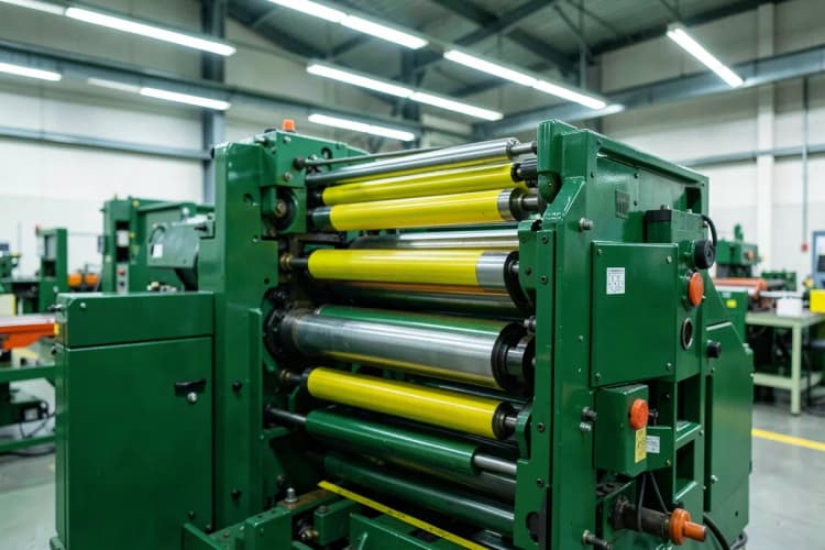 Máquina de impressão industrial em operação, com rolos e peças em movimento, em uma fábrica.