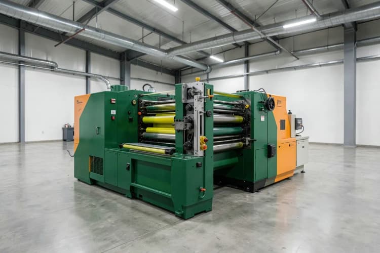 Impressora gráfica industrial de grande porte em um galpão limpo e organizado, com luzes de LED no teto.