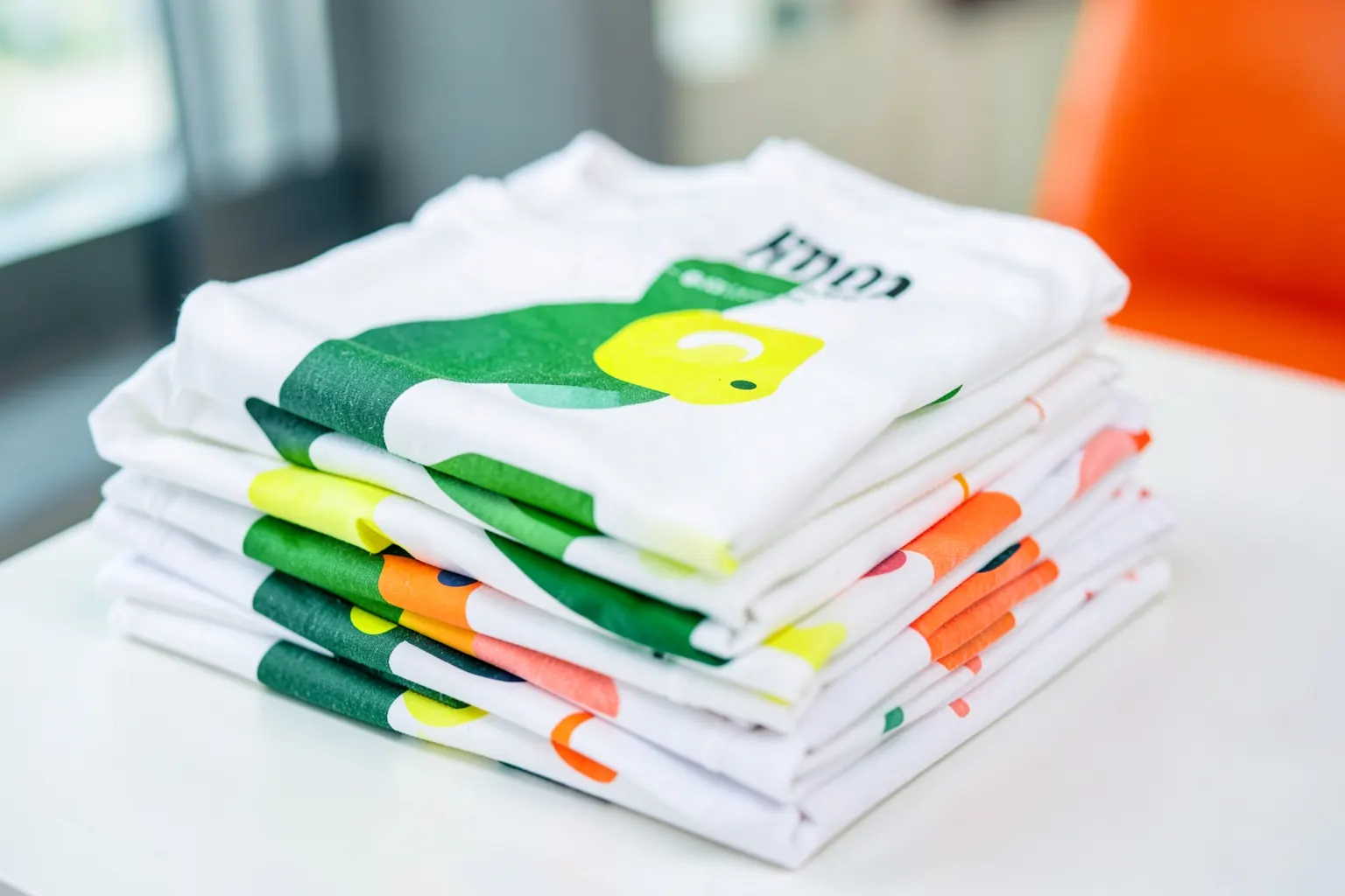 Camisetas promocionais brancas com estampa colorida em close-up sobre fundo branco, com uma mão segurando uma delas.