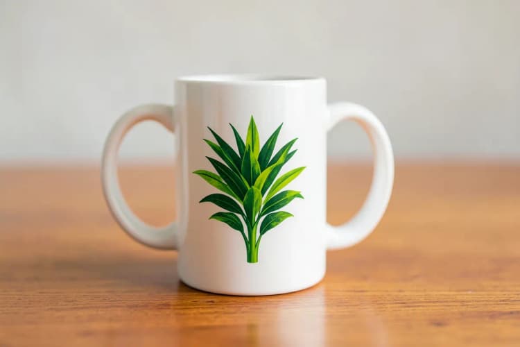 Caneca de cerâmica branca com um design de planta verde impressa.