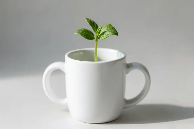 Uma caneca branca com um pequeno broto de planta crescendo dela.