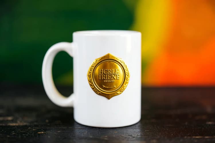 Uma caneca branca com um selo de qualidade dourado.
