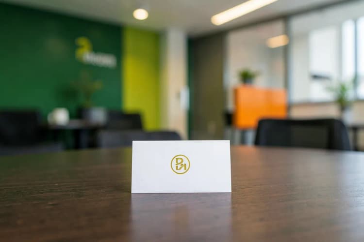 Um cartão de visita branco com o logo de uma empresa em relevo dourado, sobre uma mesa de madeira escura.