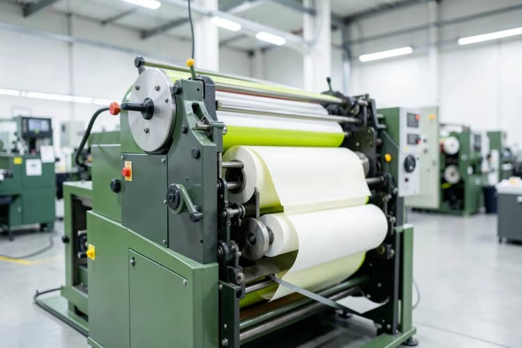 Uma impressora gráfica industrial em operação, com rolos de papel e tinta visíveis, em um ambiente de fábrica.
