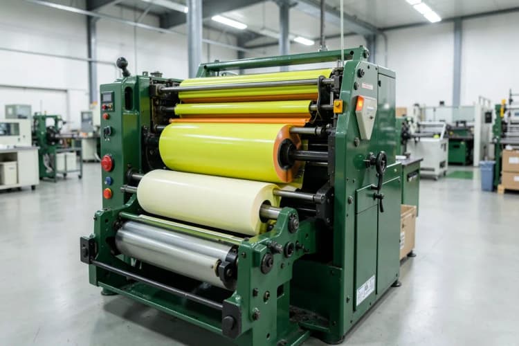 Impressora industrial de grande porte em operação, com rolos de papel e tinta sendo aplicados em alta velocidade, em um ambiente de fábrica limpo e organizado.