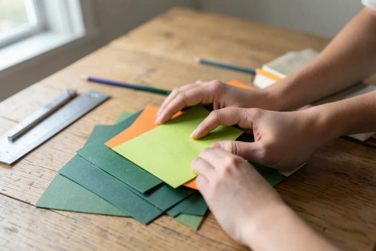 Mãos organizando amostras de papéis coloridos e texturizados em uma mesa de madeira, com ferramentas de design e um notebook ao fundo.