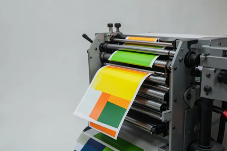 Máquina de impressão offset com chapas metálicas e cilindros em movimento, produzindo folhas de papel impressas em cores vibrantes.