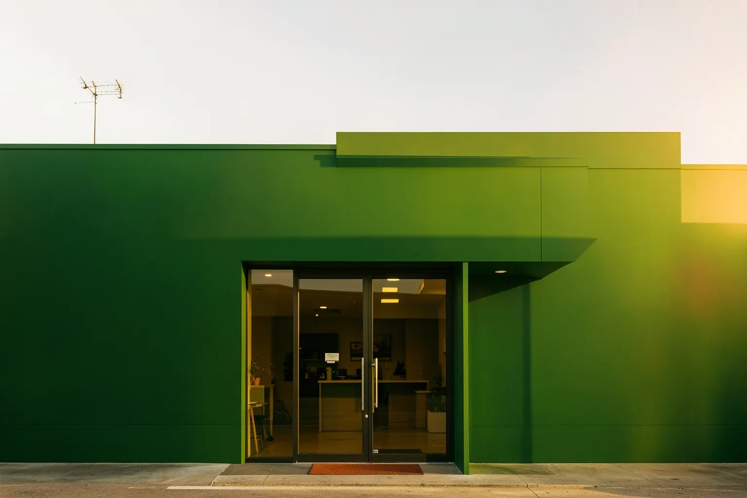 Fachada de uma gráfica moderna com o nome "Gráfica Rápida" em destaque, com portas de vidro e letreiro luminoso, em um dia ensolarado.