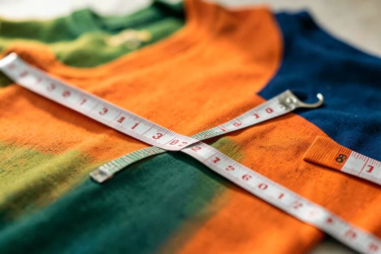Mãos medindo uma camiseta promocional com fita métrica