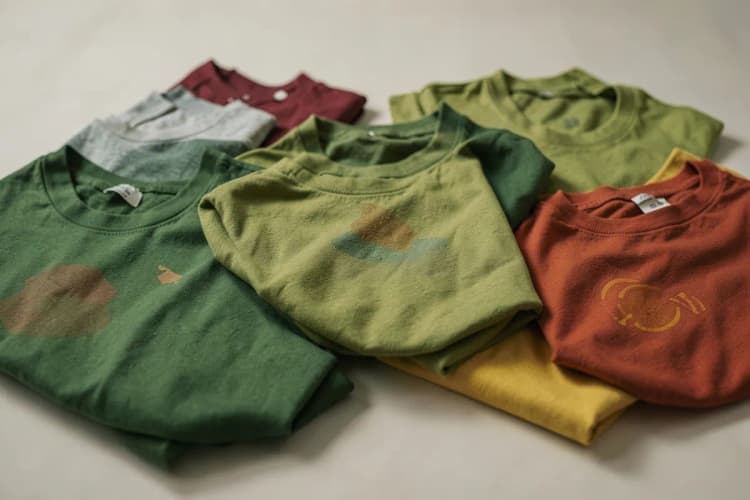 Várias camisetas promocionais bem escolhidas em um fundo neutro