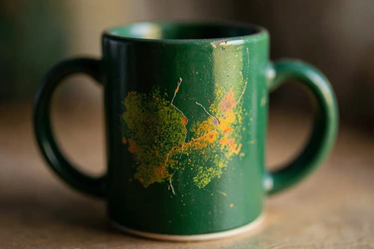 Close-up de uma caneca com uma estampa levemente desbotada e arranhada.