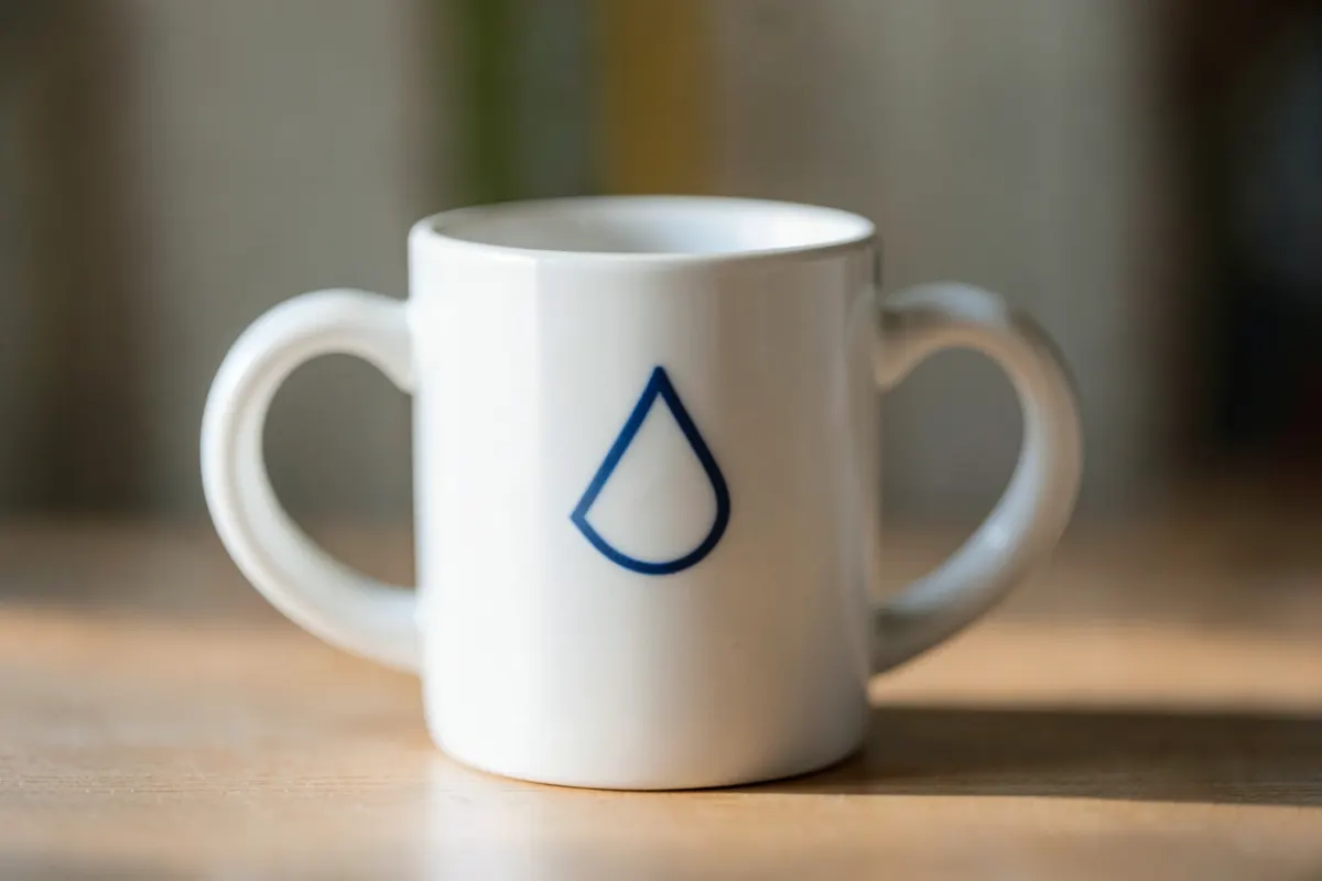Mão segurando uma caneca de cerâmica branca com um design minimalista em azul.