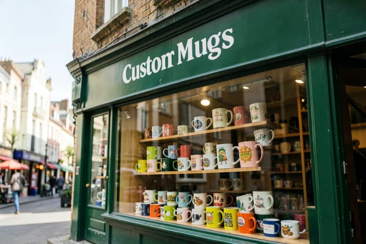 Fachada de uma loja com a placa "Canecas Personalizadas" e vitrine com diversos modelos.