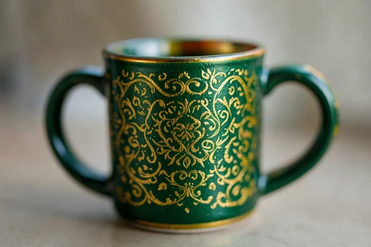 Close-up de uma caneca com detalhes em dourado e uma gravação a laser.