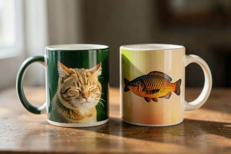 Duas canecas personalizadas lado a lado, uma com estampa de gato e outra com estampa de peixe.