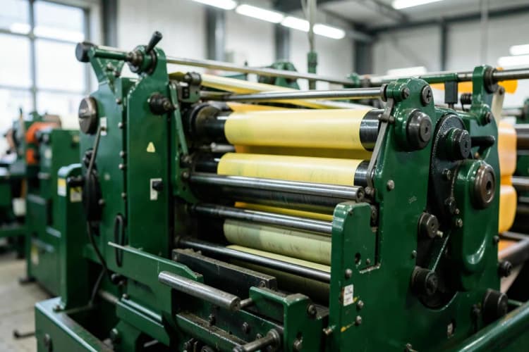 Impressora gráfica industrial com rolos de impressão e folhas de papel.