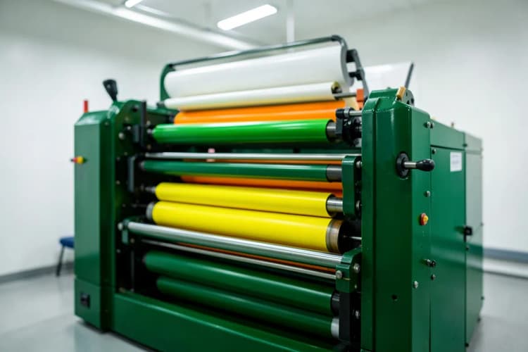 Máquina de impressão offset industrial em funcionamento, com rolos e tintas visíveis.