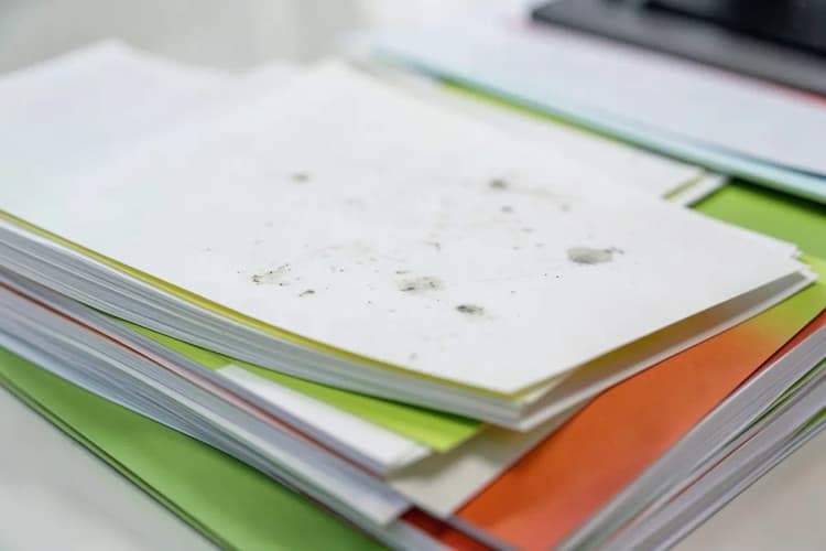 Pilhas de papel com falhas de impressão, como manchas e desalinhamento.