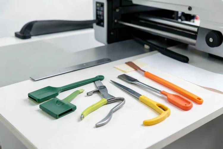 Ferramentas de ajuste e limpeza dispostas sobre uma superfície de trabalho perto de uma máquina de impressão.