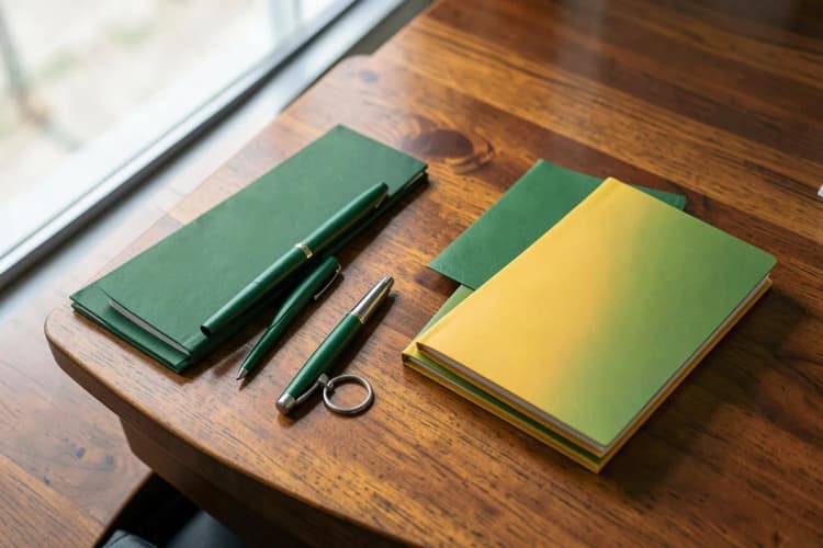 Canetas, chaveiros e blocos de notas organizados sobre uma mesa de madeira.