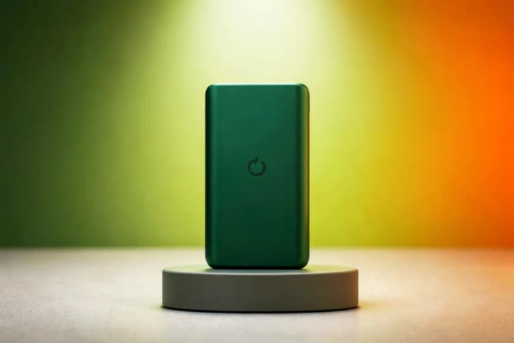 Um brinde tecnológico, como um power bank, sendo apresentado em um estande.