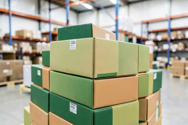 Caixas de brindes empilhadas prontas para envio, com etiquetas de endereço visíveis.