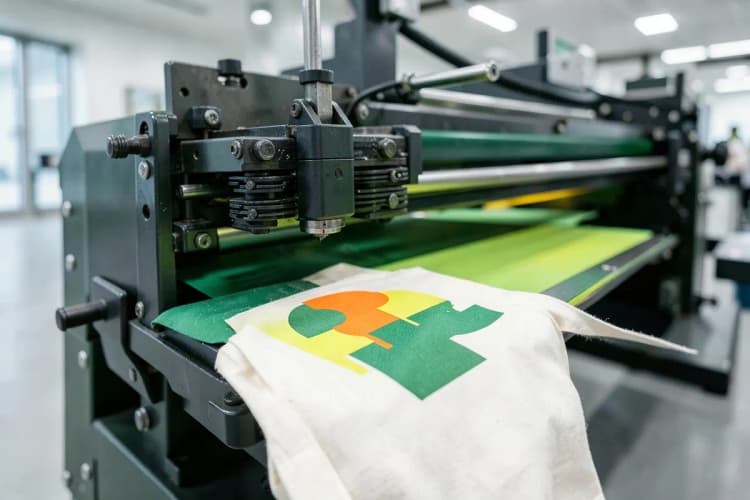 Um close-up de uma impressora gráfica industrial imprimindo um design em um brinde.