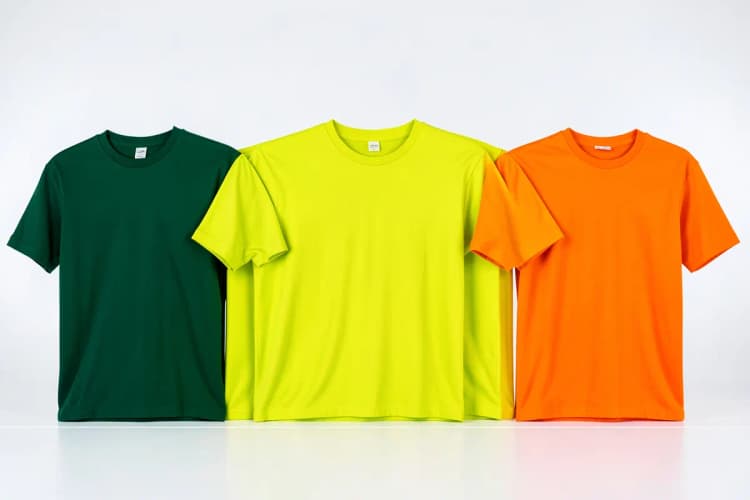 Variedade de camisetas promocionais coloridas dispostas lado a lado.
