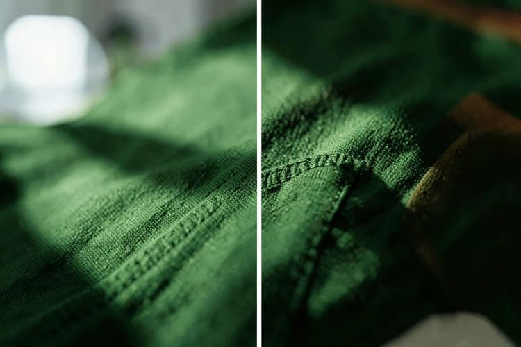 Close-up de uma camiseta promocional com defeito de costura aparente.